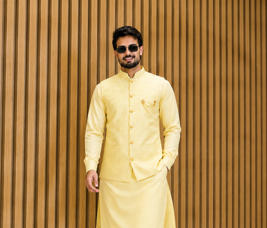 CLUB AK Men's Designer Embroidered Coti Kurta Pajama Set | Wedding & Festive Ethnic Wear