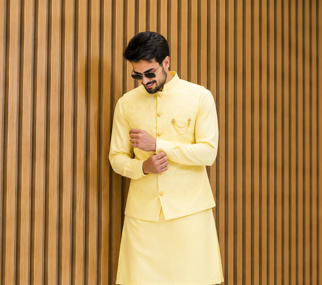 CLUB AK Men's Designer Embroidered Coti Kurta Pajama Set | Wedding & Festive Ethnic Wear