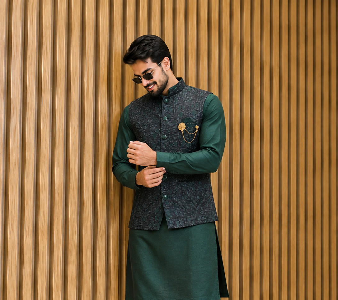 Club AK Designer Geometric Pattern Nehru Jacket Kurta Set for Men