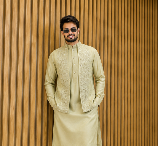 Club AK Men’s Premium Studded Pattern Nehru Jacket Kurta Set for Wedding & Party Wear