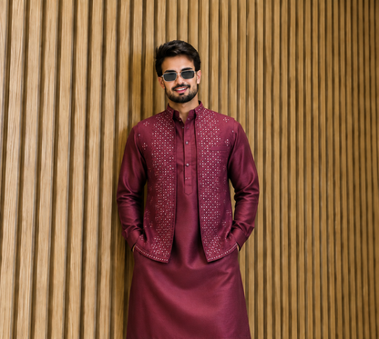 Club AK Men’s Premium Studded Pattern Nehru Jacket Kurta Set for Wedding & Party Wear