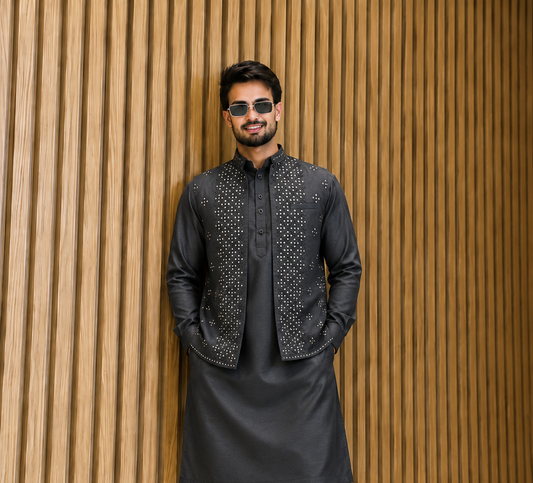 Club AK Men’s Premium Studded Pattern Nehru Jacket Kurta Set for Wedding & Party Wear