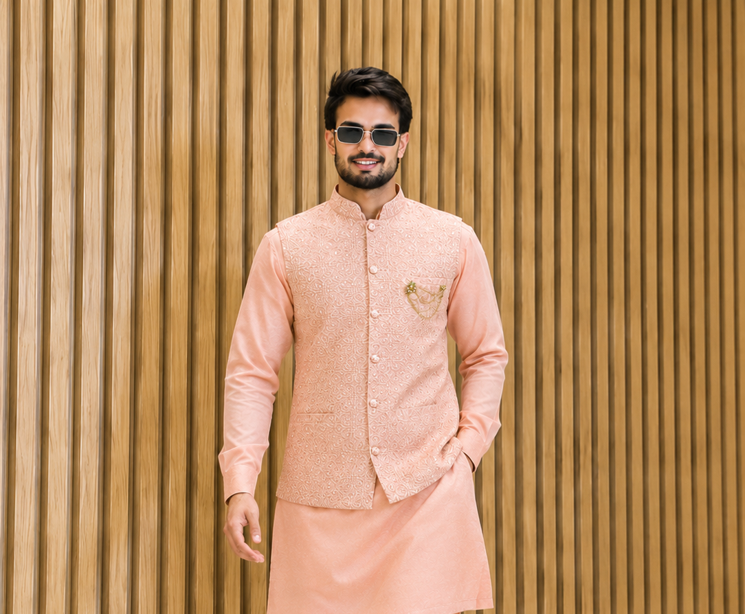 CLUB AK Men's Designer Embroidered Kurta Jacket Set | Premium Ethnic Wear for Wedding & Festive Occasions