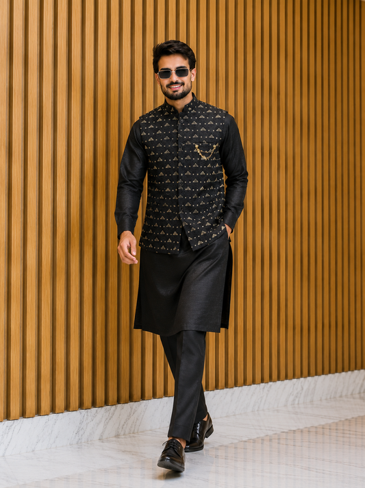 CLUB AK Men’s Designer Embroidered Nehru Jacket with Kurta Set