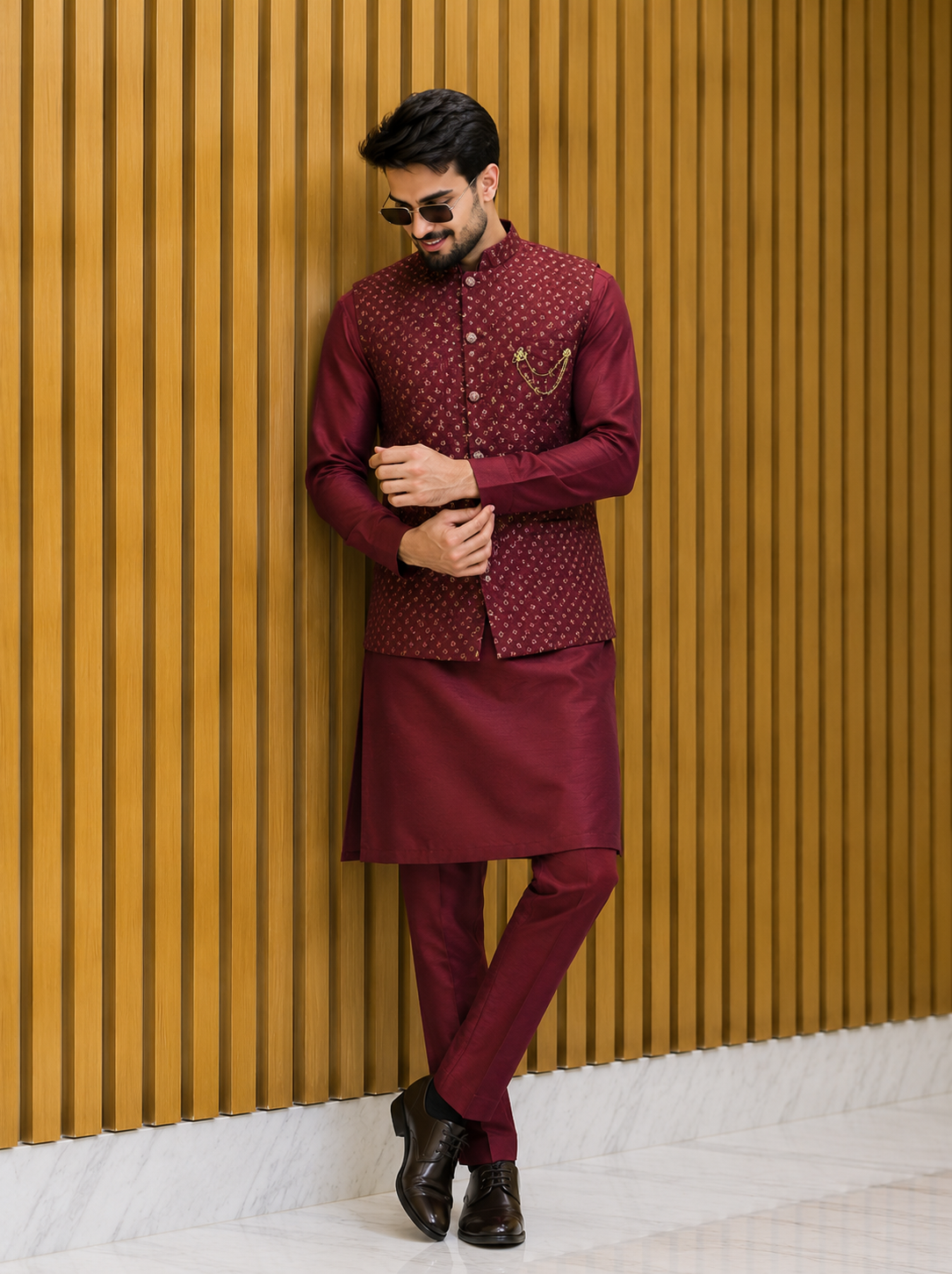 CLUB AK Men's Sequin Embroidered Designer Coti Kurta Pajama Set