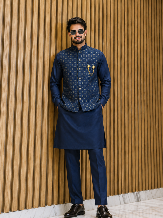 Men’s Designer Patterned Kurta Coti Set | Stylish Ethnic Wedding Outfit