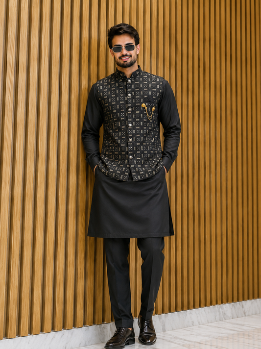 Men’s Designer Patterned Kurta Coti Set | Stylish Ethnic Wedding Outfit