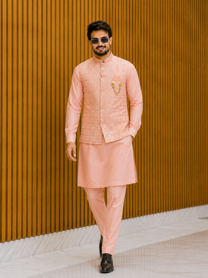 Men’s Designer Patterned Kurta Coti Set | Stylish Ethnic Wedding Outfit