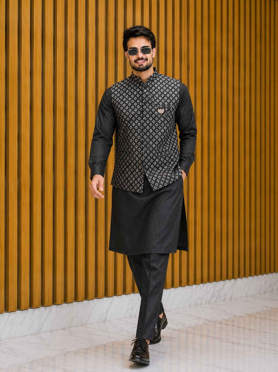 Men’s Designer Geometric Embroidered Kurta Coti Set for Wedding & Festive Wear