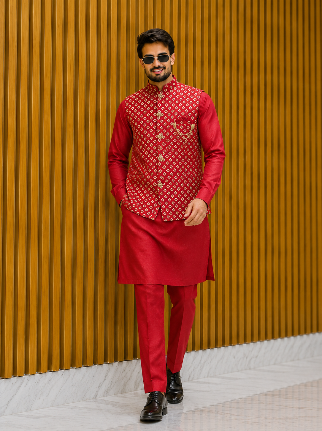 Men’s Designer Geometric Embroidered Kurta Coti Set for Wedding & Festive Wear
