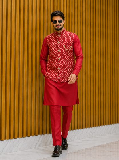Men’s Designer Geometric Embroidered Kurta Coti Set for Wedding & Festive Wear