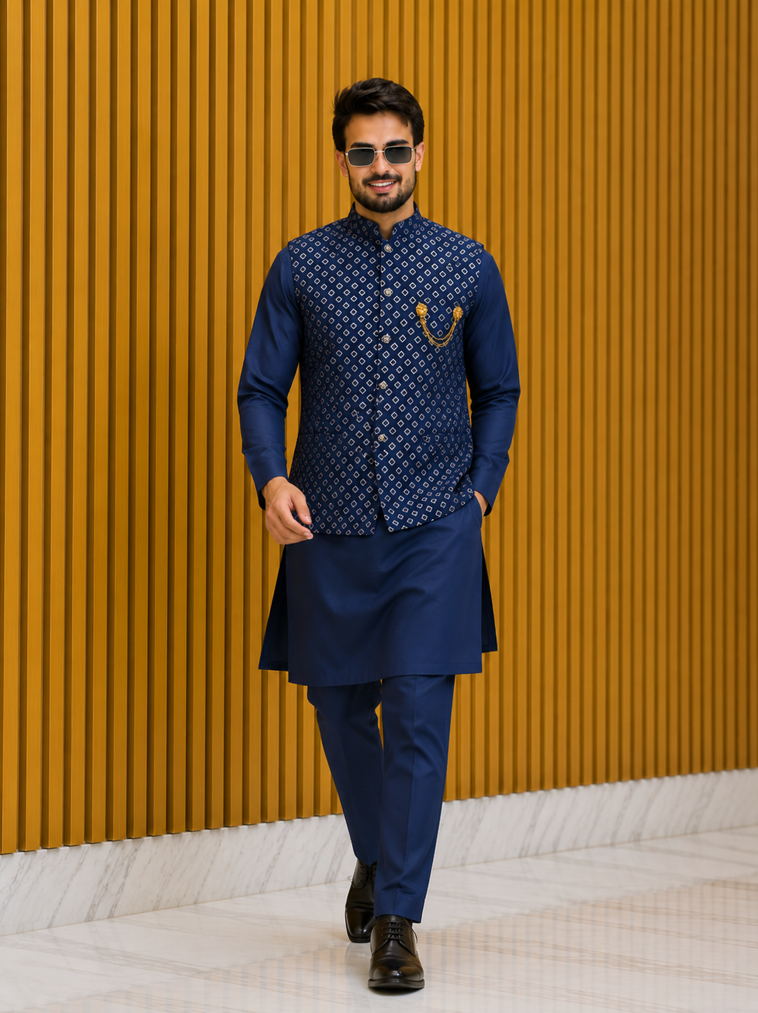 Men’s Designer Geometric Embroidered Kurta Coti Set for Wedding & Festive Wear