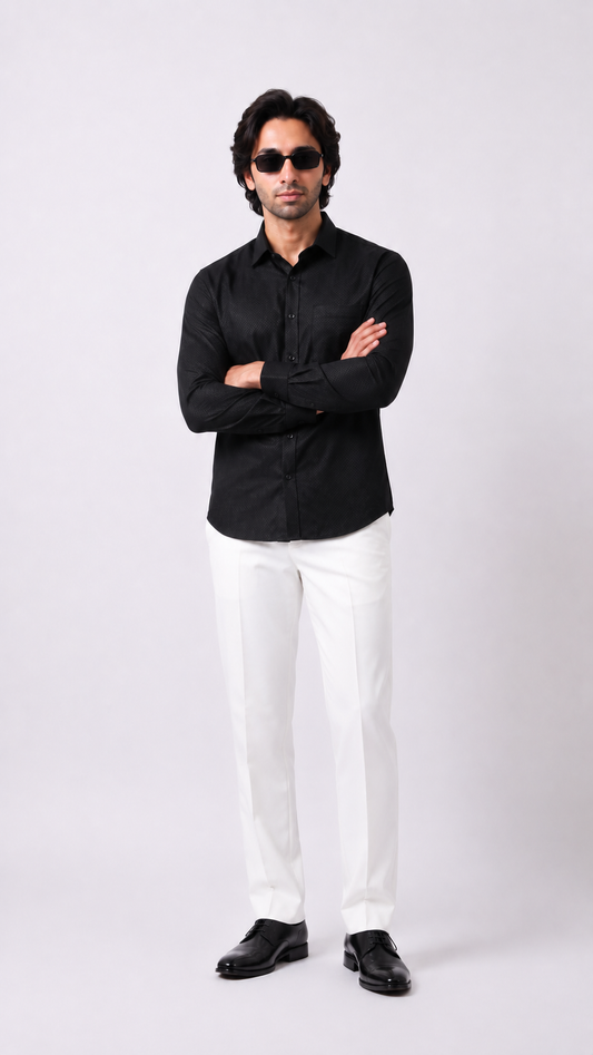 Club AK Men's Premium Black & White Full Sleeve Textured Shirt – Stylish Formal & Casual Wear Shirt