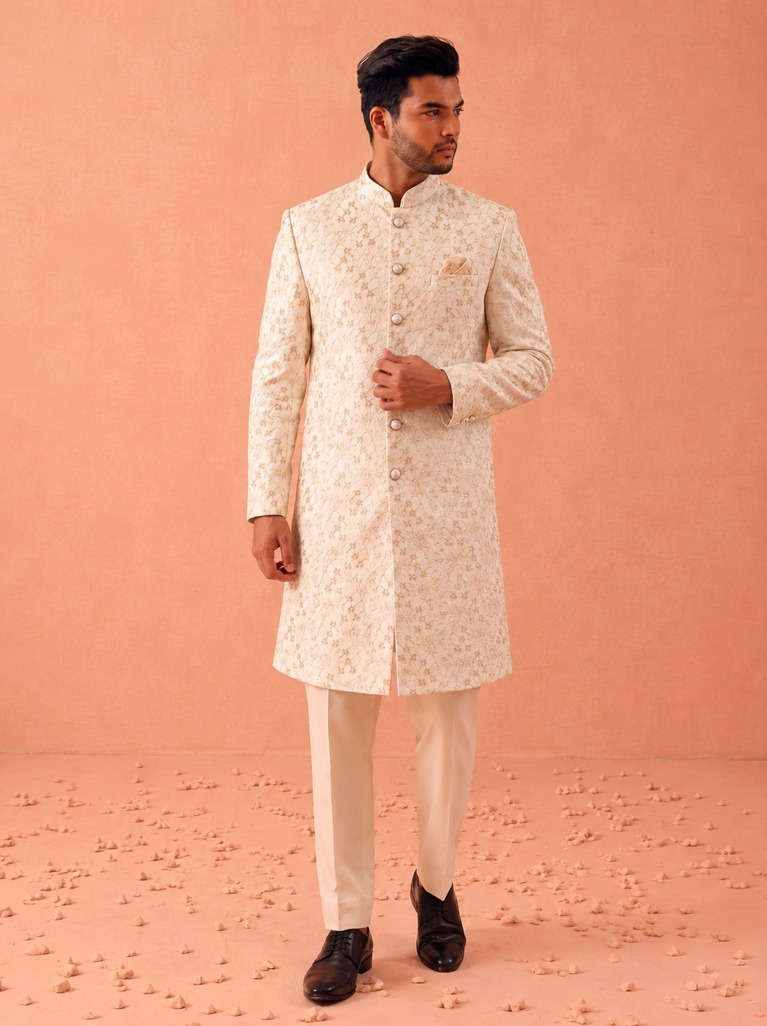 Ivory embroidered sherwani for groom front view