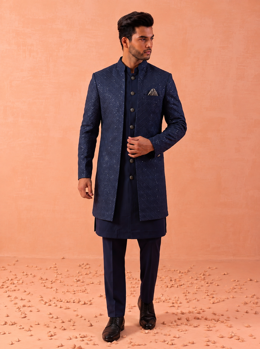 Club AK Men’s Premium Navy Blue Embroidered Indo Western Suit | Wedding & Reception Wear