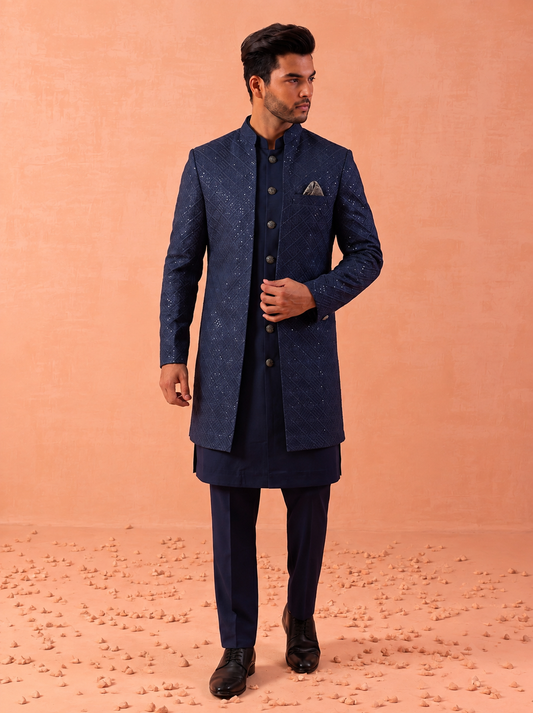 Club AK Men’s Premium Navy Blue Embroidered Indo Western Suit | Wedding & Reception Wear