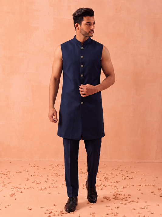 Club AK Men’s Premium Navy Blue Embroidered Indo Western Suit | Wedding & Reception Wear