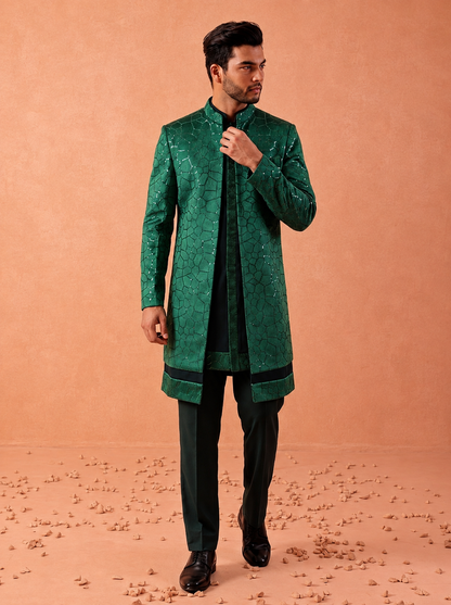 Club AK Men’s Premium Emerald Green Designer Indo Western Suit | Wedding & Party Wear