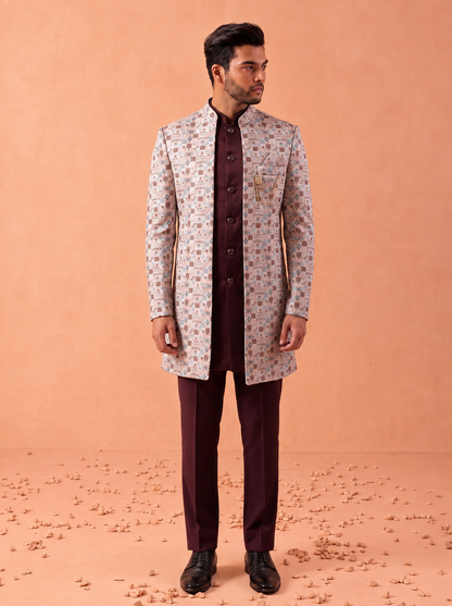 Club AK Men’s Premium White Printed Indo Western Suit | Wedding & Festive Wear