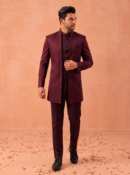 Club AK Men’s Premium Maroon Designer Indo Western Suit | Wedding & Reception Wear