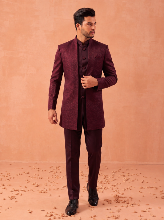 Club AK Men’s Premium Maroon Designer Indo Western Suit | Wedding & Reception Wear