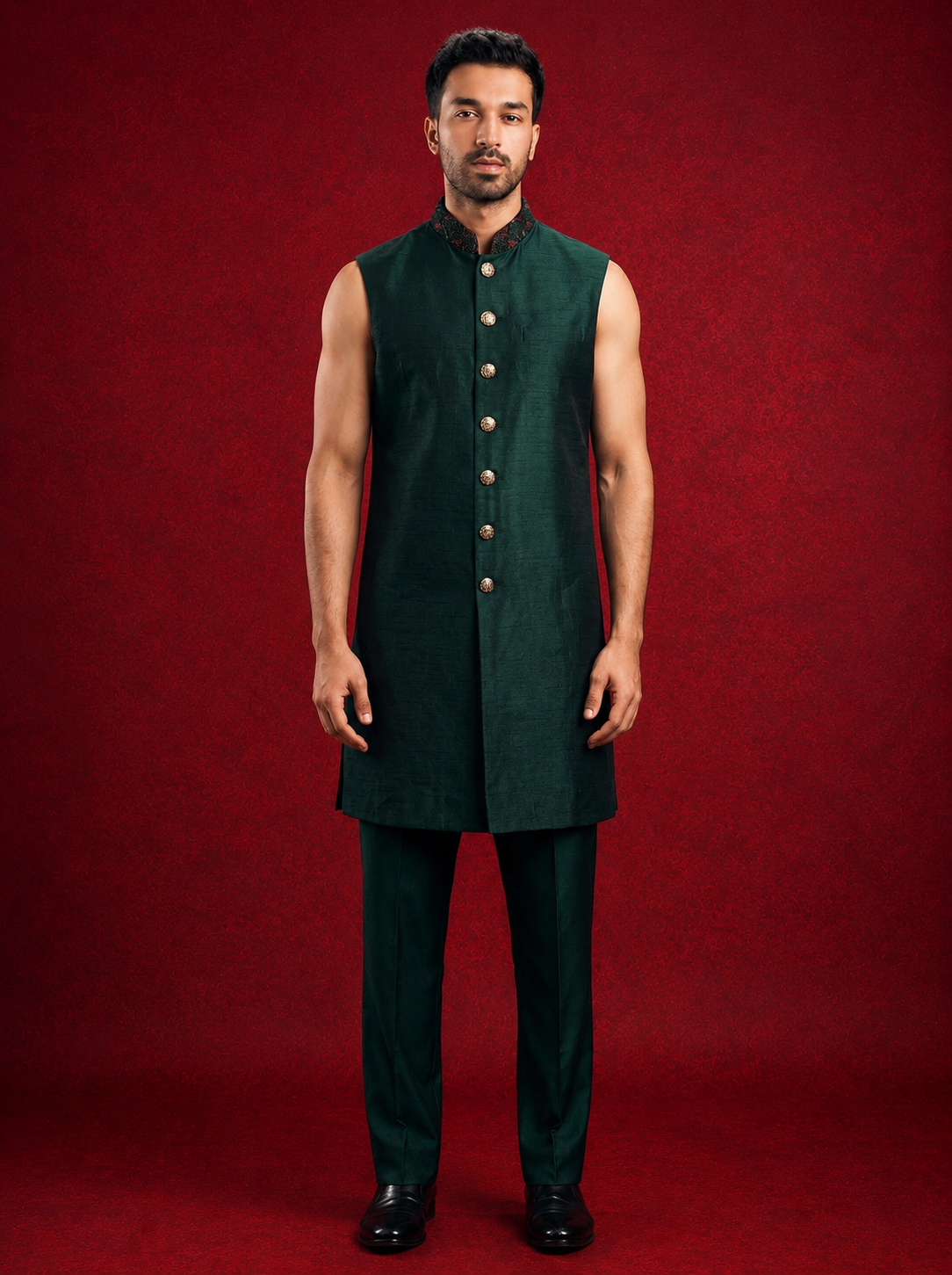 Club AK Men's Dark Green Embroidered Indo Western Suit | Wedding & Reception Wear