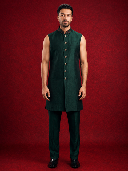 Club AK Men's Dark Green Embroidered Indo Western Suit | Wedding & Reception Wear