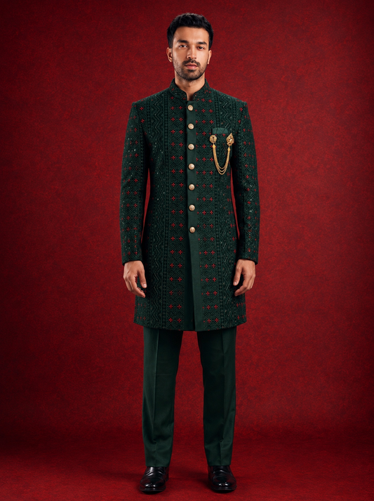 Club AK Men's Dark Green Embroidered Indo Western Suit | Wedding & Reception Wear