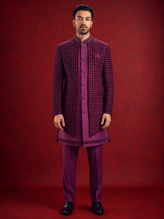 Club AK Men's Magenta Designer Indo Western Suit | Luxury Wedding & Festive Wear