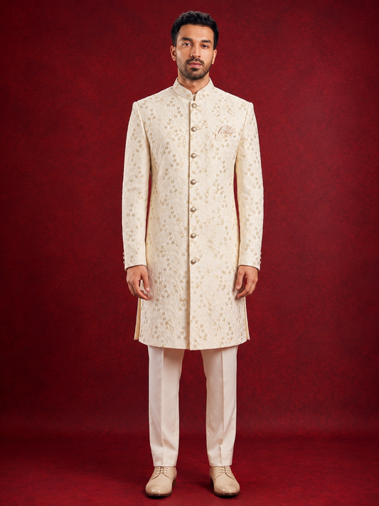 Club AK Men's Ivory Gold Embroidered Indo Western Suit | Wedding & Reception Wear