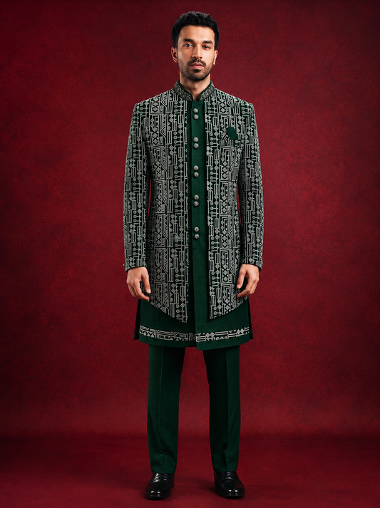 Club AK Men's Green Designer Embroidered Indo Western Suit | Wedding & Festive Wear