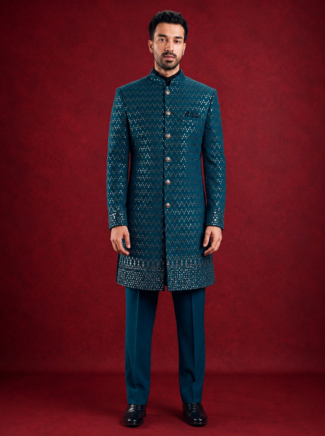 Club AK Men's Teal Blue Embroidered Indo Western Suit | Luxury Wedding & Party Wear