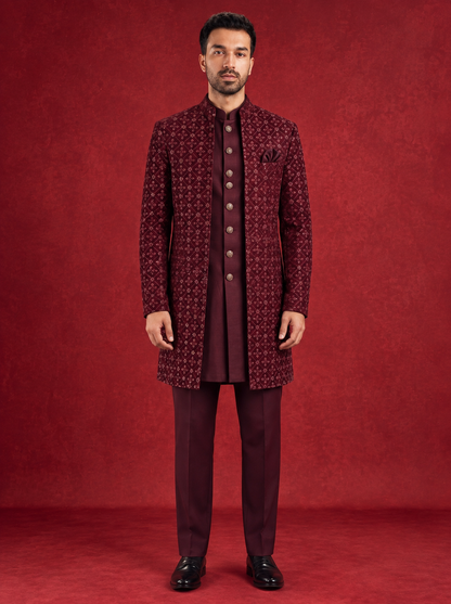 Club AK Men's Premium Maroon Embroidered Indo Western Suit | Wedding & Reception Wear