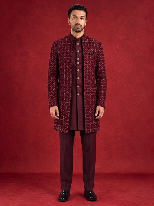 Club AK Men's Premium Maroon Embroidered Indo Western Suit | Wedding & Reception Wear
