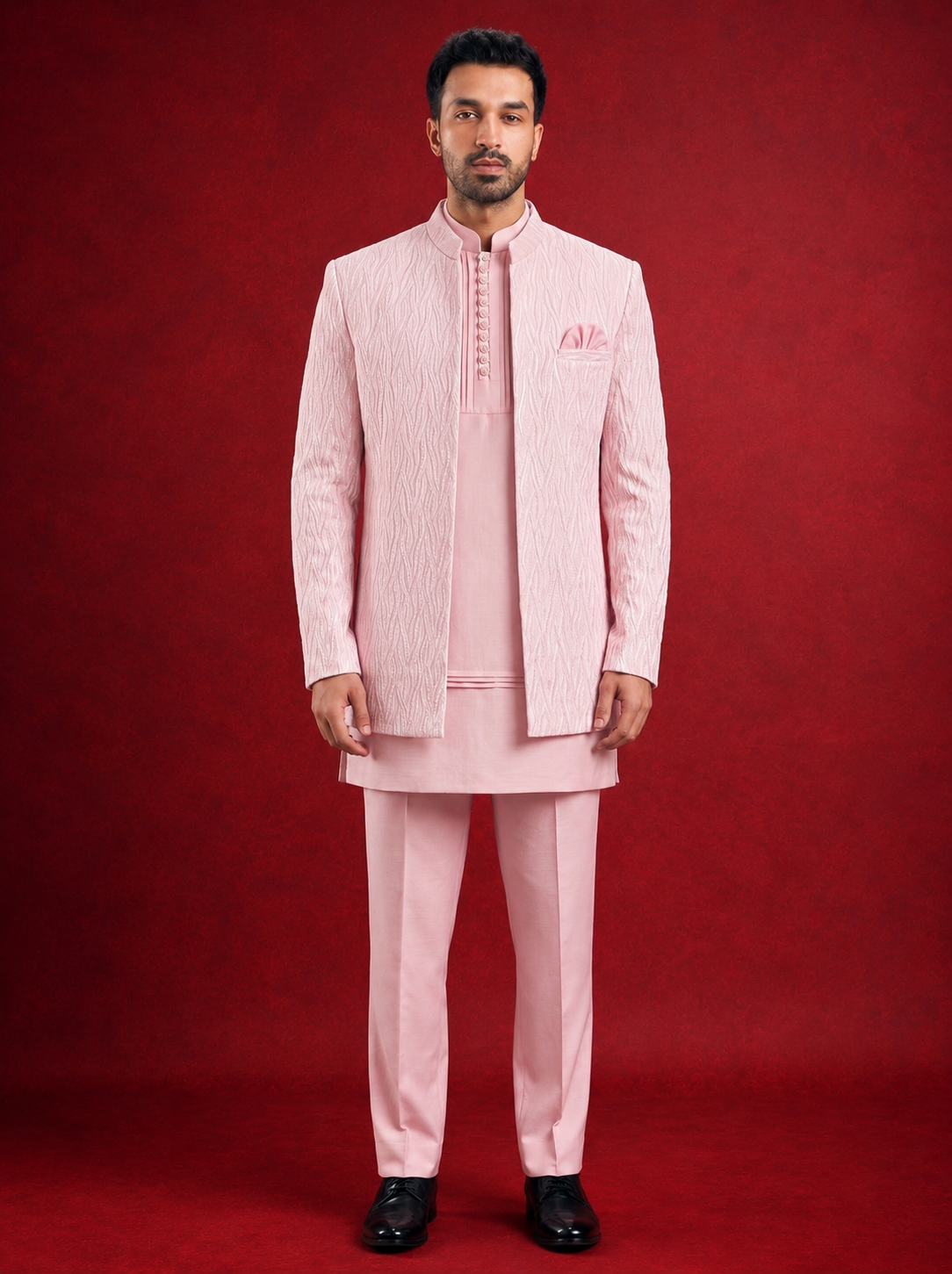 Club AK Men’s Premium Pink Textured Indo Western Suit | Wedding & Festive Wear