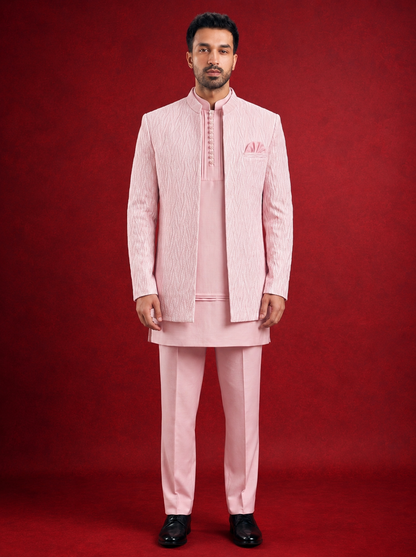 Club AK Men’s Premium Pink Textured Indo Western Suit | Wedding & Festive Wear