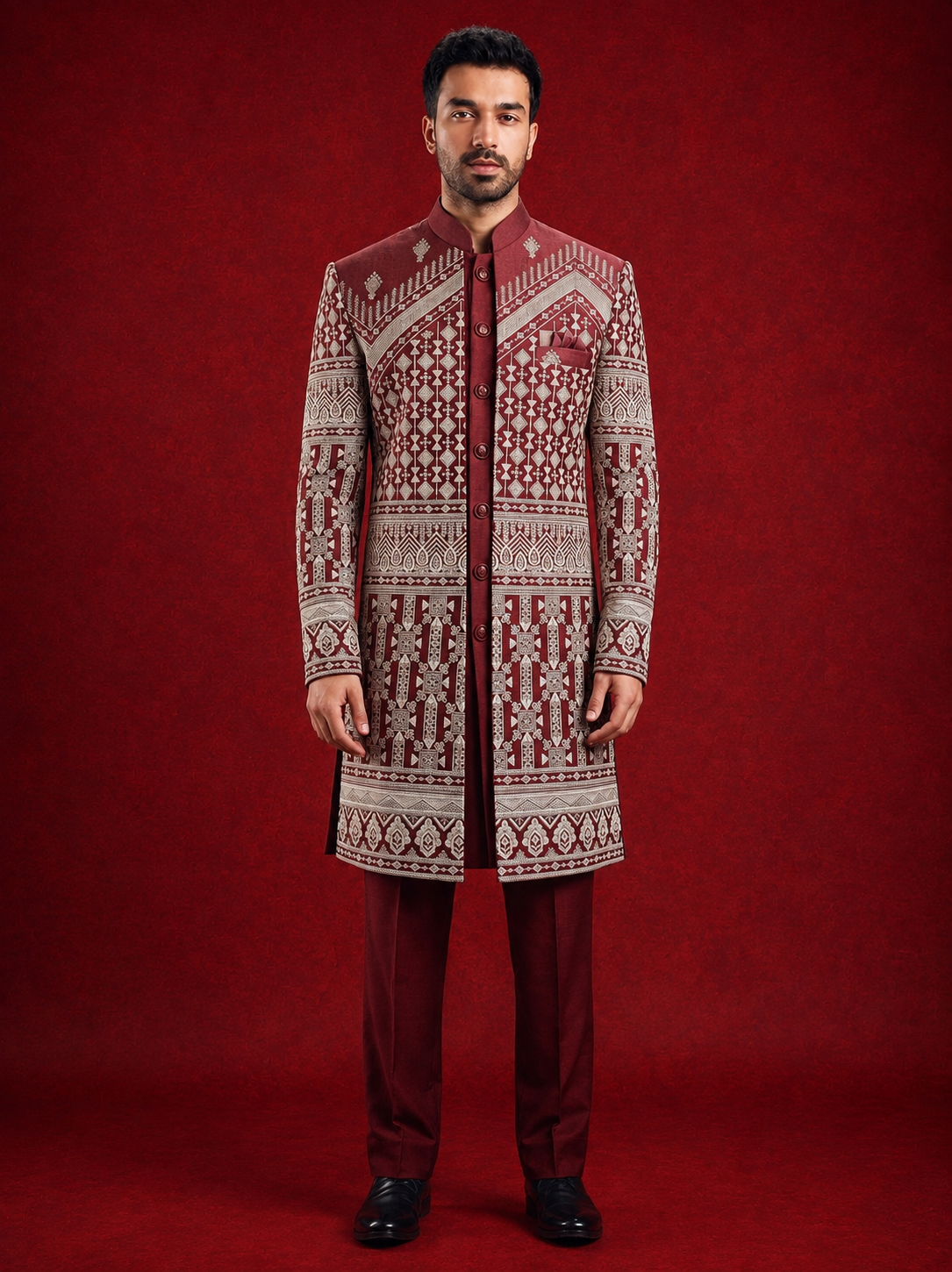 Club AK Men’s Designer Maroon Embroidered Indo Western Suit | Wedding & Reception Wear