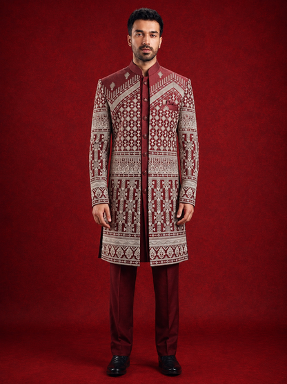 Club AK Men’s Designer Maroon Embroidered Indo Western Suit | Wedding & Reception Wear