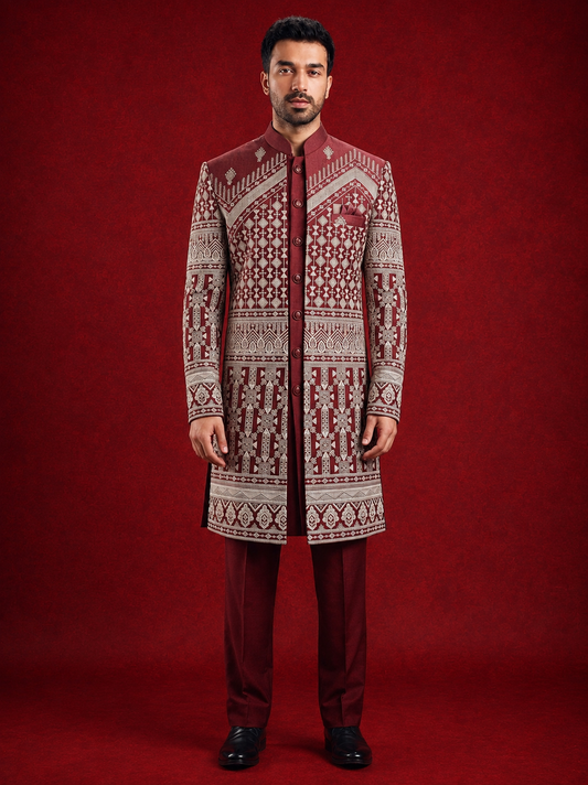 Club AK Men’s Designer Maroon Embroidered Indo Western Suit | Wedding & Reception Wear