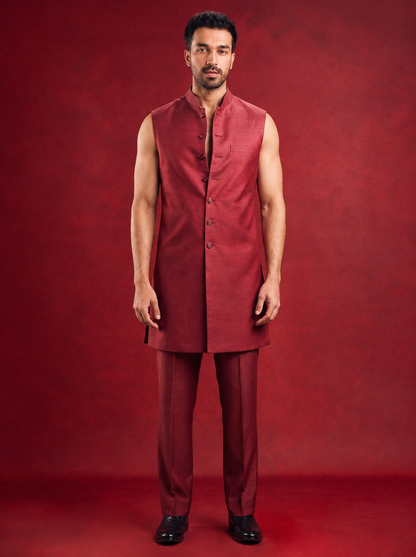 Club AK Men’s Designer Maroon Embroidered Indo Western Suit | Wedding & Reception Wear
