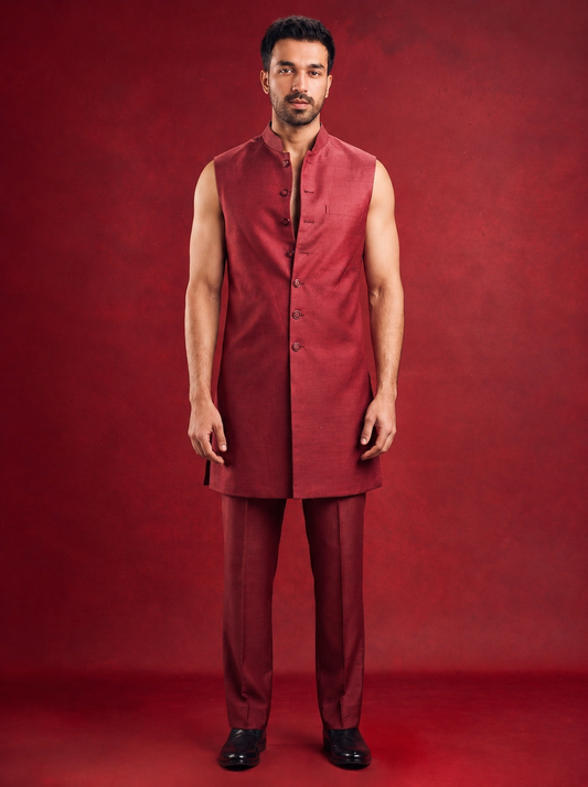 Club AK Men’s Designer Maroon Embroidered Indo Western Suit | Wedding & Reception Wear