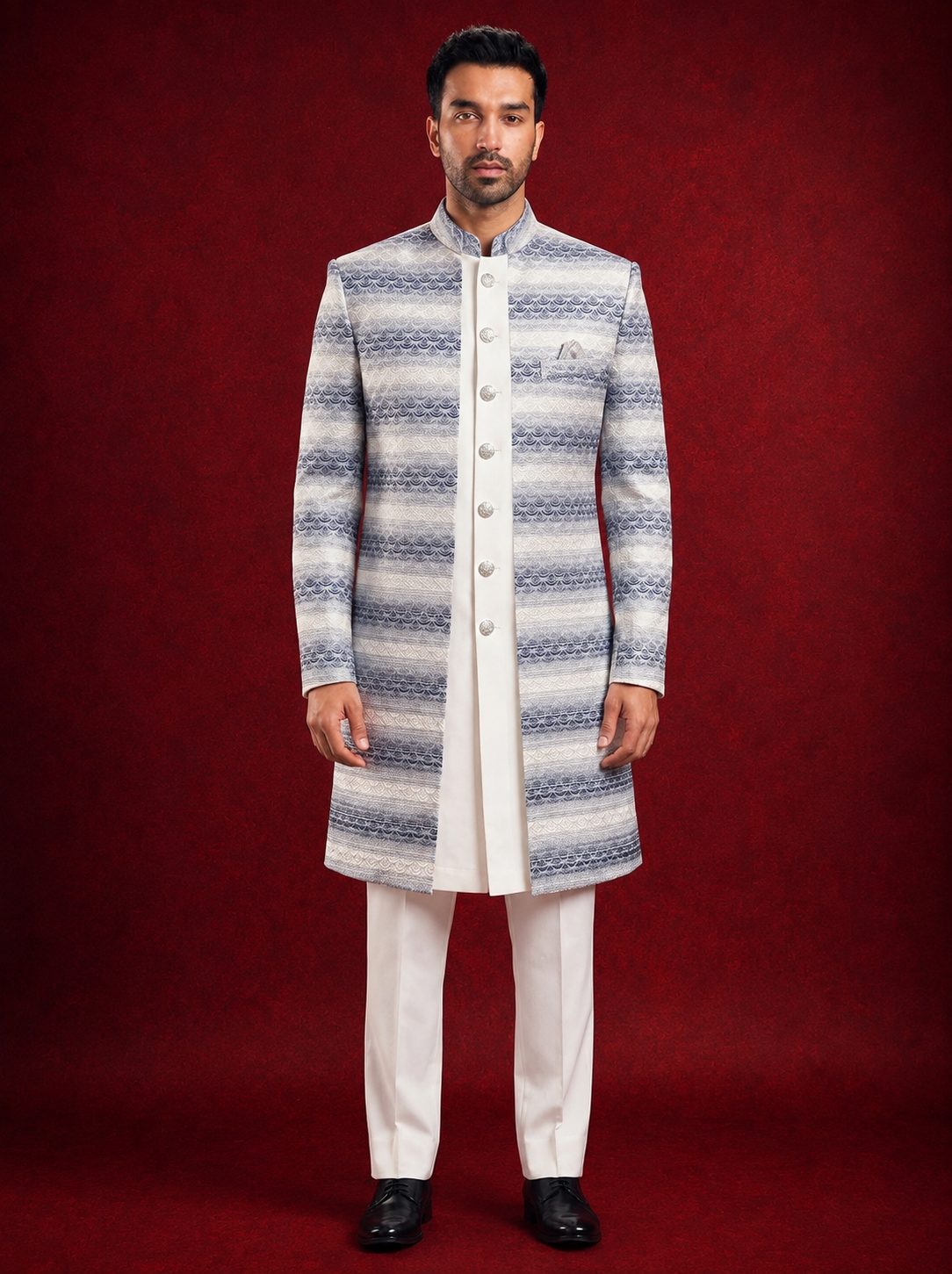Club AK Men’s Premium White & Blue Printed Indo Western Suit | Wedding & Festive Wear