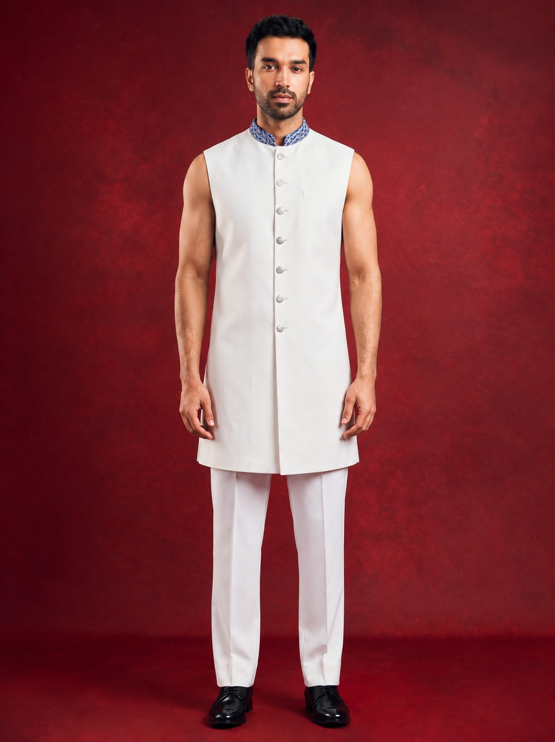 Club AK Men’s Premium White & Blue Printed Indo Western Suit | Wedding & Festive Wear