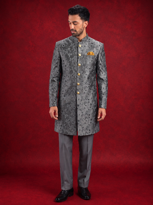 Club AK Men’s Premium Grey Embroidered Indo Western Suit | Wedding & Party Wear