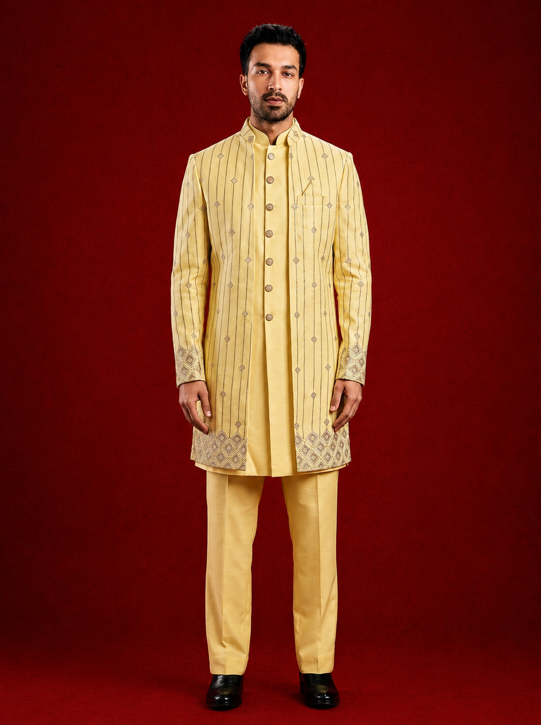 Club AK Men's Premium Yellow Embroidered Bandhgala Suit | Wedding & Festive Wear