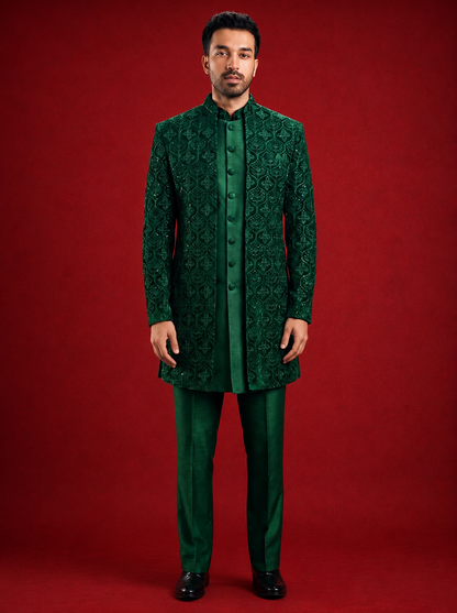 Club AK Men's Premium Sage Green Textured Bandhgala Suit | Kurta Pajama Wedding & Party Wear