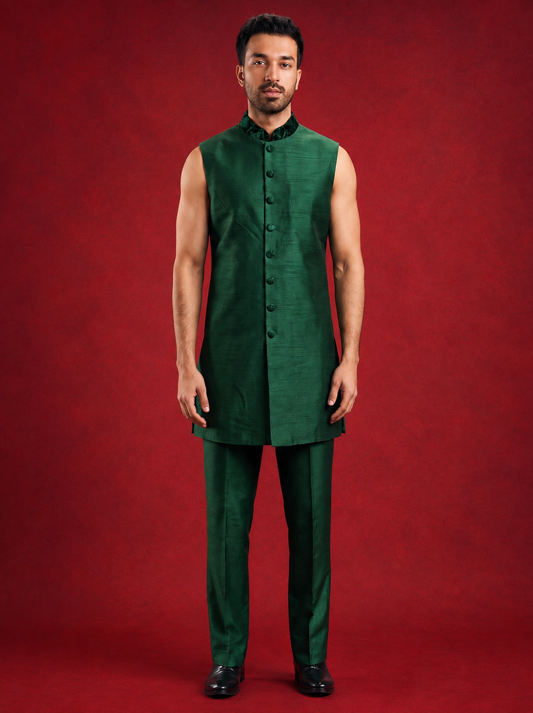 Club AK Men's Premium Sage Green Textured Bandhgala Suit | Kurta Pajama Wedding & Party Wear