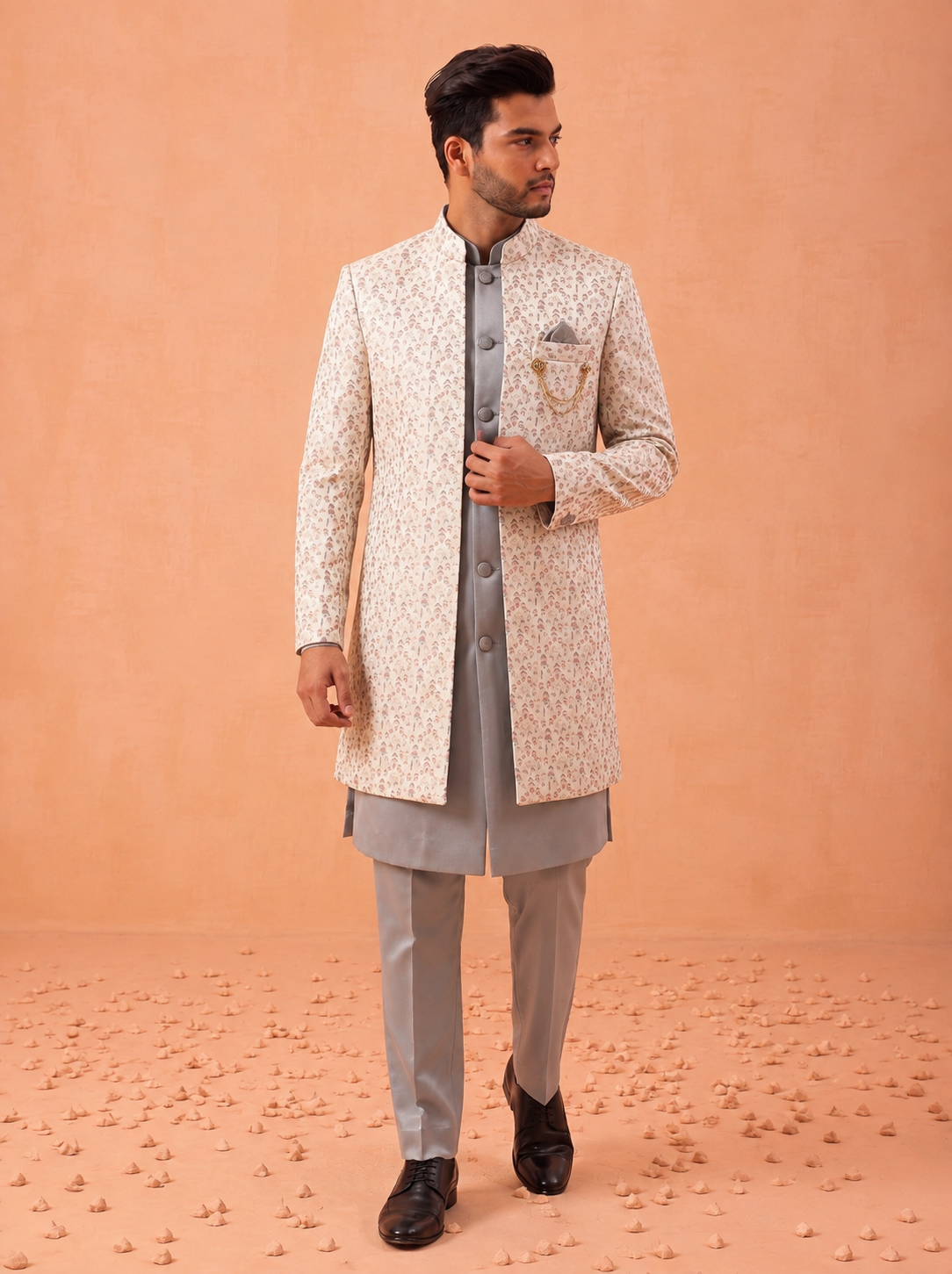 Club AK Men's Premium Ivory & Grey Designer Indo Western Suit | Wedding & Reception Wear