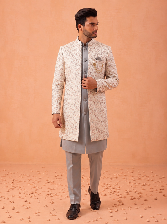 Club AK Men's Premium Ivory & Grey Designer Indo Western Suit | Wedding & Reception Wear