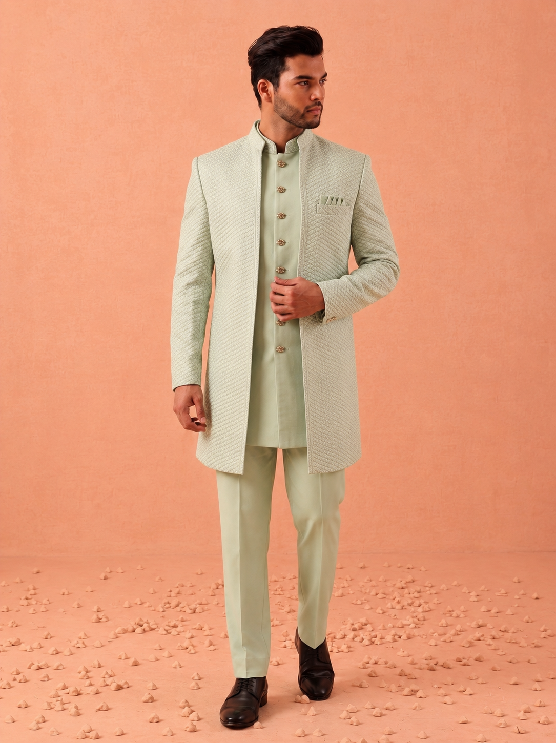 Club AK Men's Premium Sage Green Designer Indo Western Suit | Luxury Wedding & Party Wear